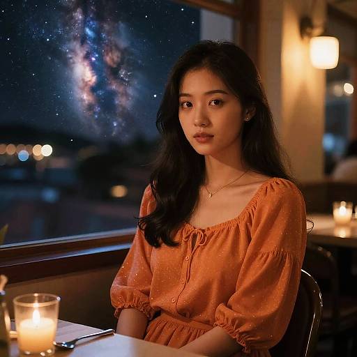 Photograph of an Asian woman with long black hair, wearing an orange, puffed-sleeve blouse, seated at a candlelit restaurant window,