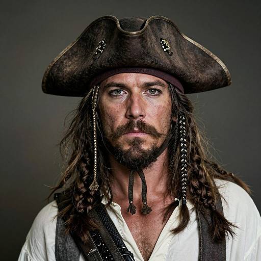 Photograph of a serious, bearded man with long, braided brown hair, wearing a large, dark pirate hat and white shirt, against a