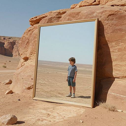 Photograph of a young boy in a striped shirt and shorts, reflected in a large mirror propped against a rocky desert landscape under a clear blue sky