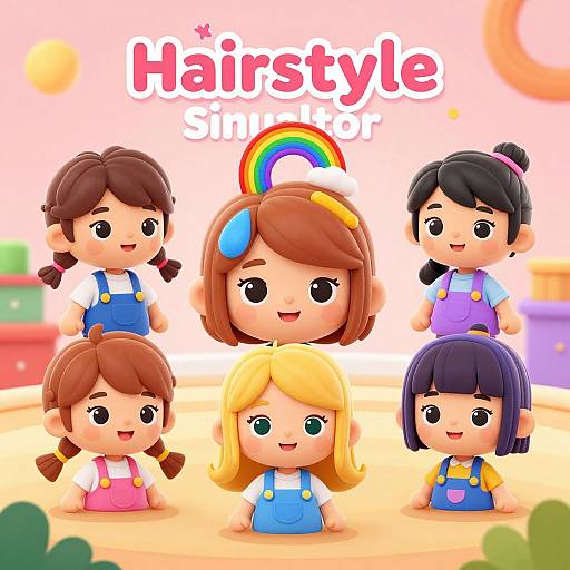 Digital cartoon image of six cute, chibi-style children in colorful overalls, standing in a bright, sunny playground, with 