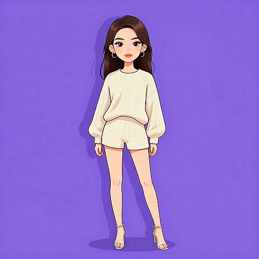 Digital anime-style drawing of a young woman with long brown hair, wearing a white oversized sweater, white shorts, and white heels, standing against a solid