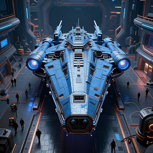 CGI image of a futuristic, blue-lit, triangular spaceship centered in a sleek, neon-lit space station, surrounded by small, silhou