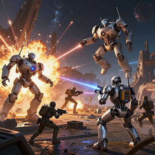 CGI sci-fi battle: Four robotic soldiers in white armor engage in intense combat with laser guns, one exploding mid-air, amidst a destroyed futuristic city