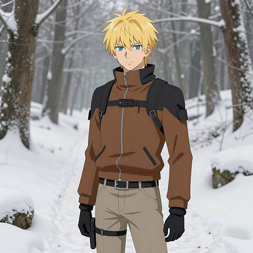 Anime Male Character in Winter Forest