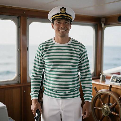 Smiling Sailor Holding Rifle in Boat