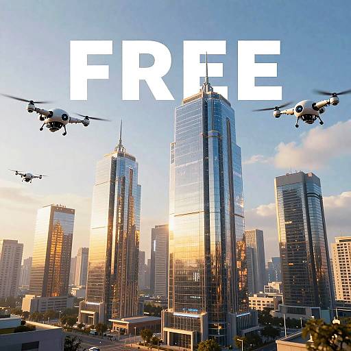 Photograph of a cityscape with tall skyscrapers at sunset, four drones flying above, and large white 
