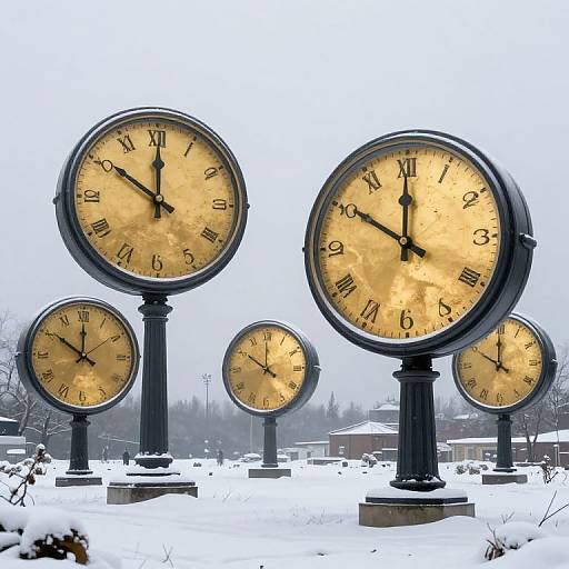 Photograph of five large, black, round clocks with gold faces and black Roman numerals, standing in a snowy landscape.