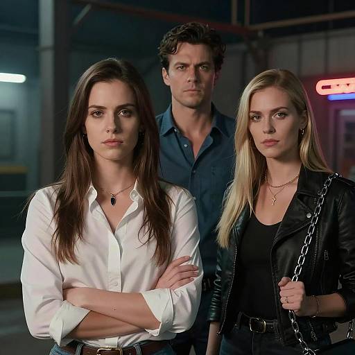 Three serious adults in industrial night setting