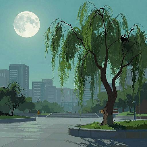 Futuristic City Plaza Under Turquoise Moon