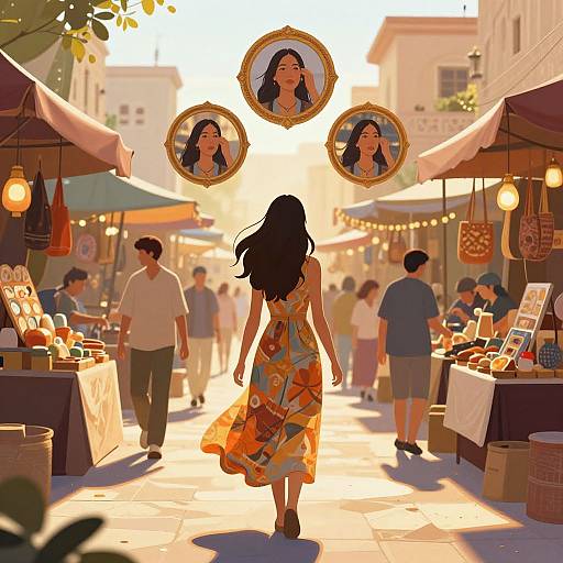 Digital illustration of a sunny market street, back view of a woman in a colorful dress, three portraits of her floating above. Busy market stalls with hanging
