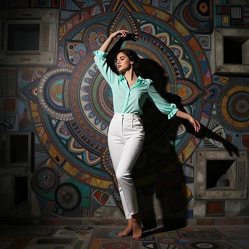 Graceful Woman Posing Against Intricate Wall Art