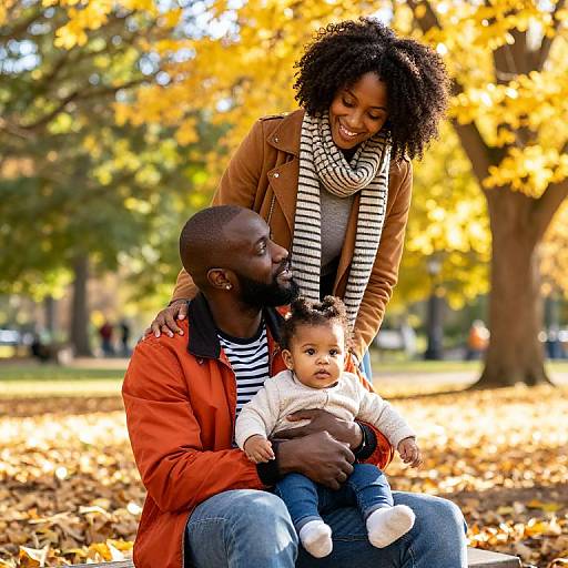 Photograph of a smiling Black family in autumn park: father in red jacket, black shirt, blue jeans; mother with curly hair, striped scarf;