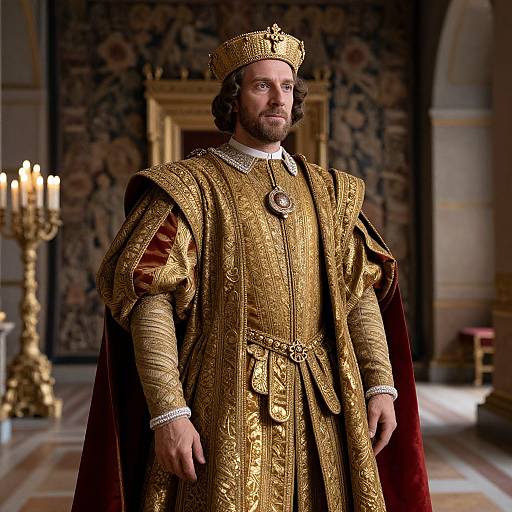Photograph of a bearded man with wavy hair, wearing a gold, ornate royal robe and crown, standing in a grand, candlelit