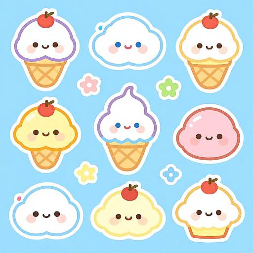 Kawaii Ice Cream and Cloud Stickers