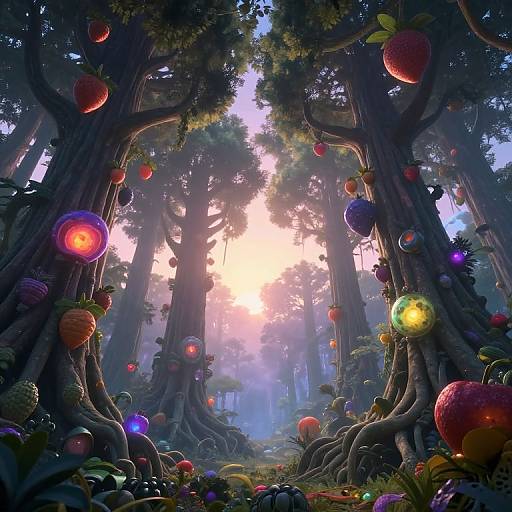 Fantastical forest scene: glowing fruit orbs hang from towering trees with gnarled roots; sunlight filters through dense foliage, creating a magical, vibrant