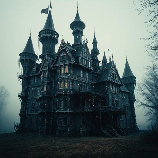 Steampunk Castle at Dawn in Misty Atmosphere