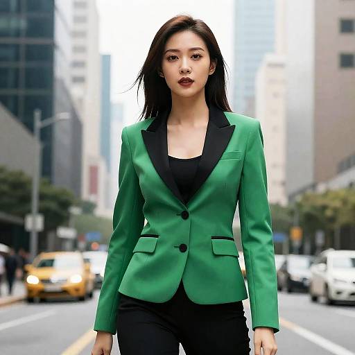 Photograph of an Asian woman with straight black hair, wearing a green blazer with black lapels over a black top, standing confidently on a bustling