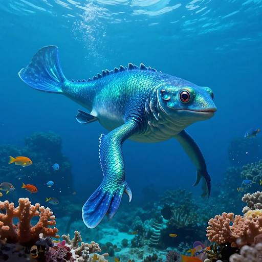 Photograph of a vibrant blue fish with spiky dorsal fins, swimming above a colorful coral reef in a clear, blue underwater scene.