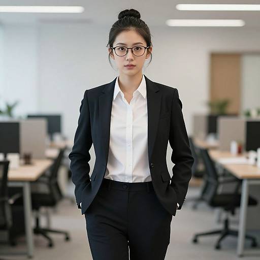 Photograph of an Asian woman with black hair in a bun, wearing glasses, a black blazer, and white shirt, standing in a modern office