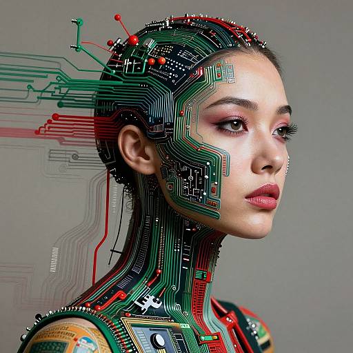 Photorealistic CGI of a woman with electronic circuitry integrated into her head and neck, featuring green, red, and black wires. Her expression is