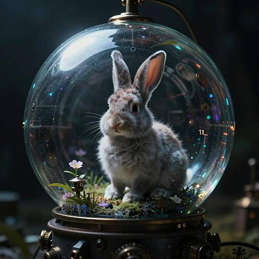 Fluffy Rabbit Inside Cybernetic Glass Sphere