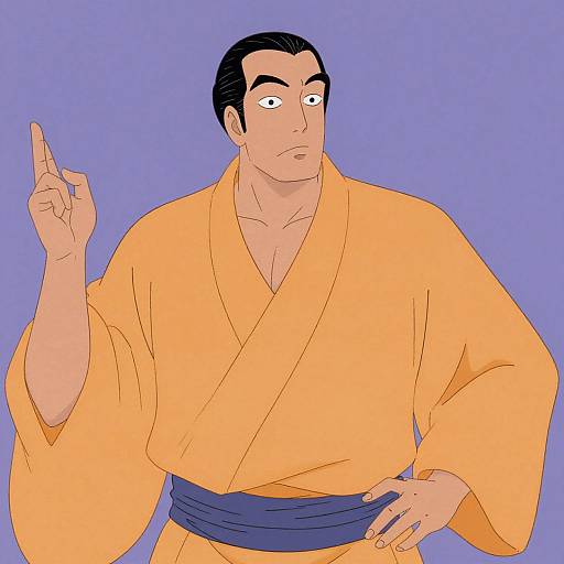Digital cartoon of a serious, fair-skinned man with black hair, wearing an orange kimono and blue obi, pointing up with his right hand