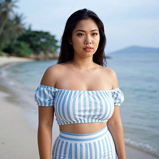 Photograph of an Asian woman with long black hair, wearing a blue and white striped off-shoulder crop top and high-waisted skirt,