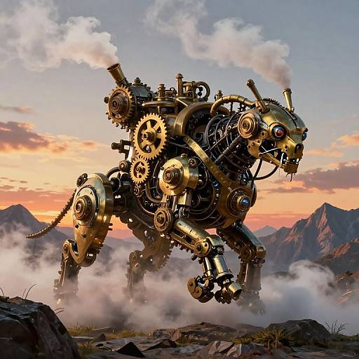 Digital artwork of a mechanical, golden, robot lion with gears and pipes, standing on four legs in a misty mountain landscape at sunset.