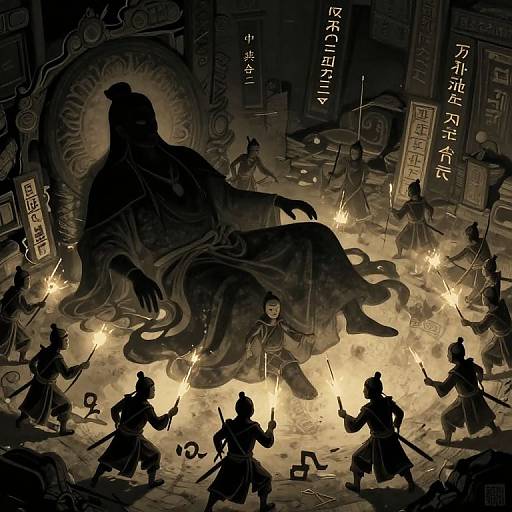 Digital artwork of silhouetted warriors with torches surrounding a mysterious, flowing-robed figure in a dark, ancient temple with Chinese characters.