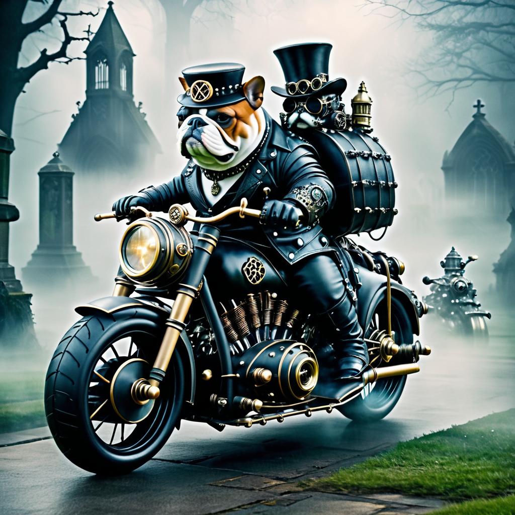 Steampunk Bulldog on Gothic Motorbike