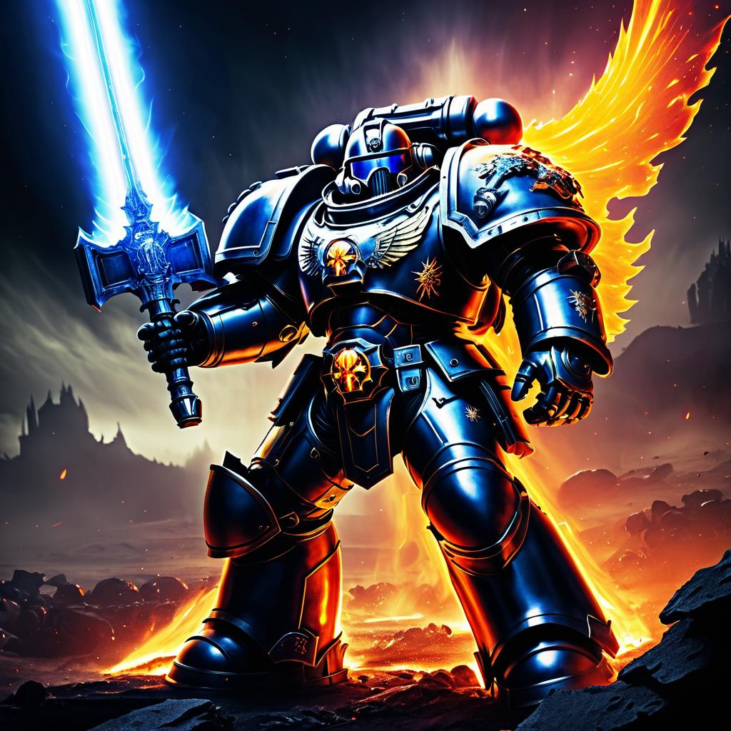 Epic Space Marine in Fiery Battlefield