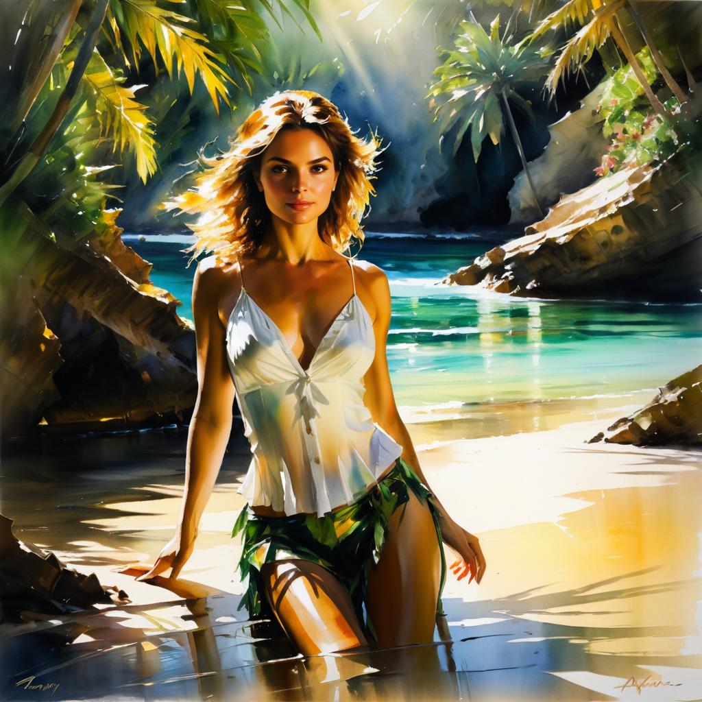 Tropical Cove Woman in Watercolor Style