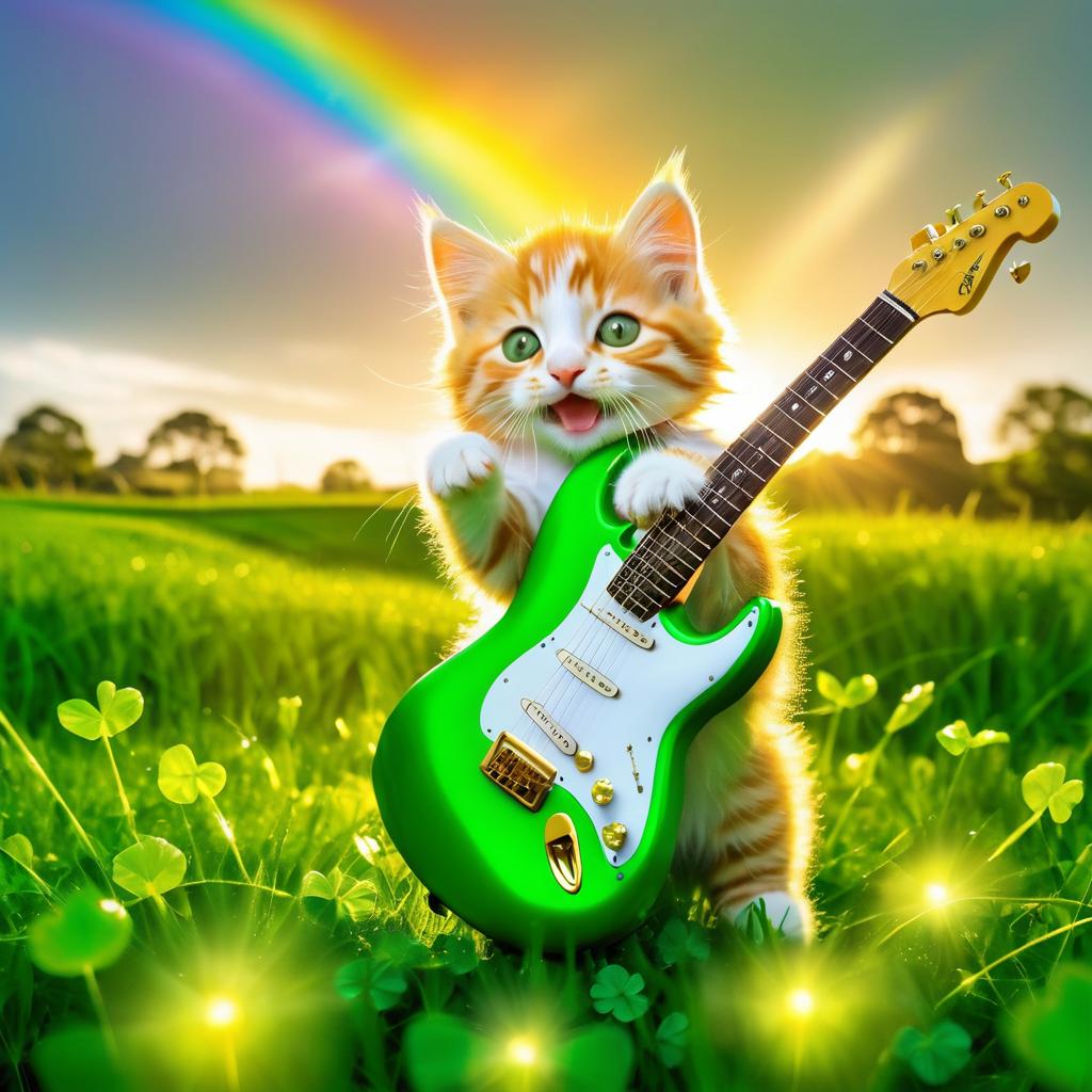 Playful Kitten Jamming on Guitar Under Rainbows