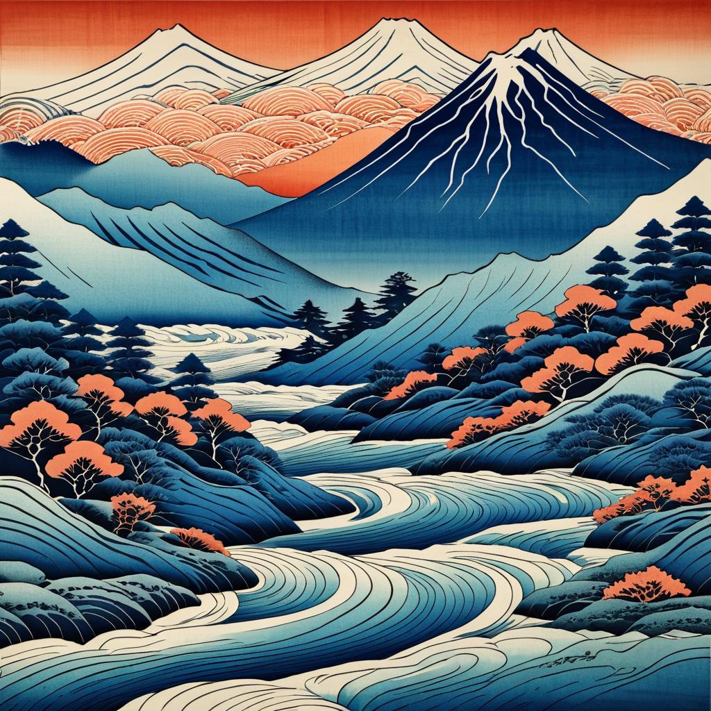 Hokusai-Style Mountain Landscape Print