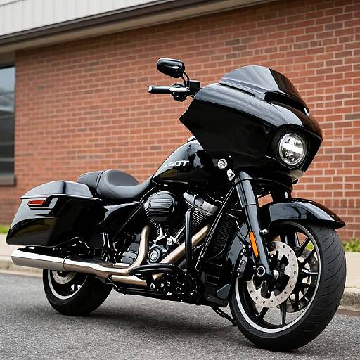 Photograph of a sleek, black touring motorcycle with chrome accents parked on a street against a red brick building background.
