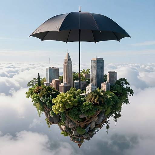 Photograph-style CGI: Floating cityscape under black umbrella, surrounded by lush greenery, above a cloudy sky. Urban skyscrapers contrast with verd