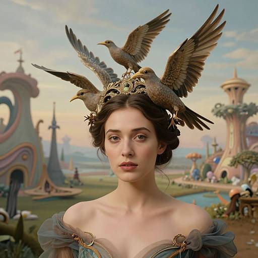 Digital artwork of a fair-skinned woman with dark hair, wearing a bird-topped tiara and sheer off-shoulder gown, in a whims