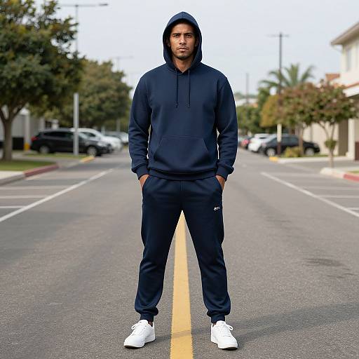 Photograph of a serious, dark-skinned man in a navy hoodie and tracksuit, standing on an empty suburban street, with hands in pockets and