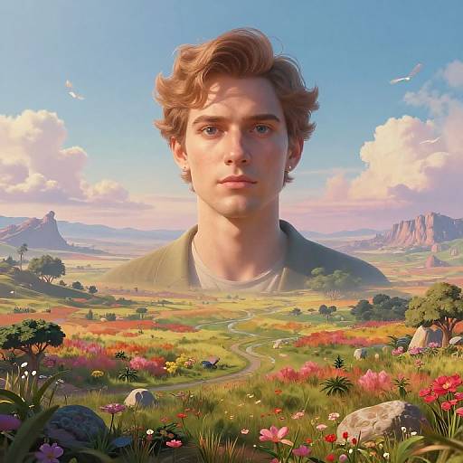 Digital artwork of a handsome young man with wavy brown hair, set against a vibrant, colorful landscape with rolling hills, flowers, and distant mountains under