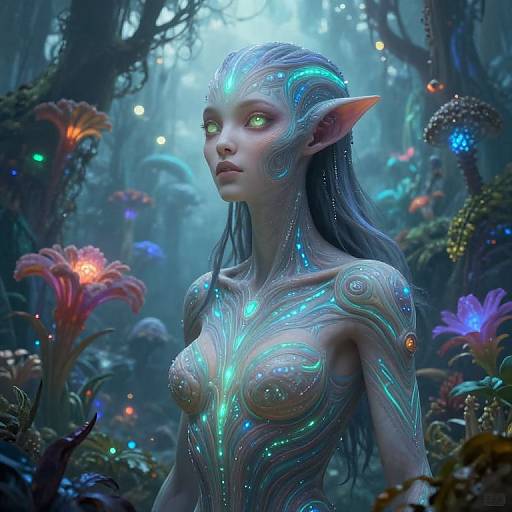 Digital fantasy artwork of a glowing, elven woman with bioluminescent tattoos, green eyes, and pointed ears in a vibrant, mystical forest.