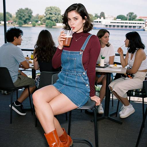 Photograph of a woman with dark hair, fair skin, wearing a denim dress over a maroon turtleneck, sipping iced coffee,