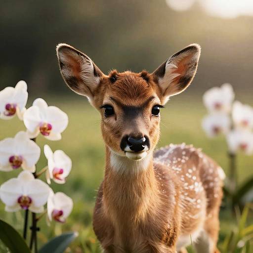 Hyperrealistic Baby Deer in Orchid Meadow