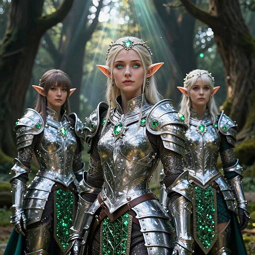 Photorealistic CGI of three elf women in shiny silver armor with green gem accents, standing in a forest, with sunlight filtering through trees.
