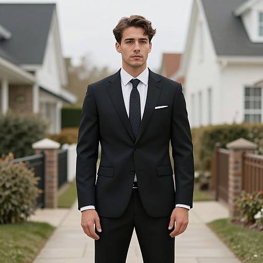 Photograph of a handsome young man with dark hair, wearing a black suit, white shirt, and black tie, standing in front of suburban houses.