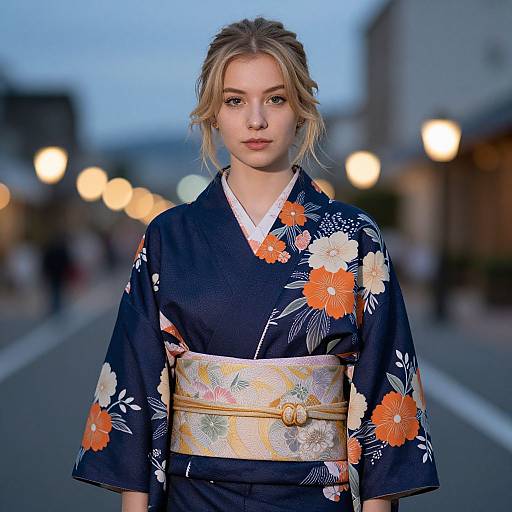 Blonde Woman in Floral Kimono at Twilight