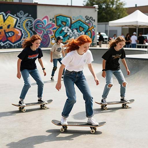 Photograph of four redheaded teenage girls skateboarding in a sunlit, graffiti-adorned skate park, wearing black and white t-shirts, blue