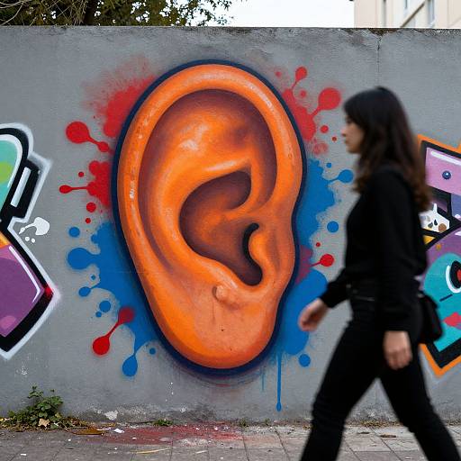 Photograph of a woman with long black hair in a black outfit walking past a vividly painted graffiti wall with an orange ear-shaped design, surrounded by