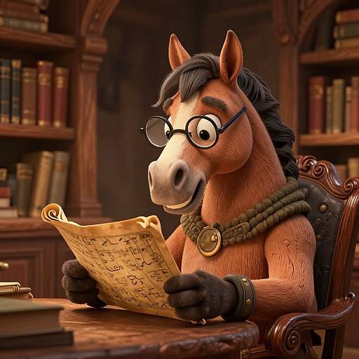 Anthropomorphic horse with glasses, brown fur, black mane, wearing a leather vest and rope necklace, reading an ancient scroll in a dimly lit