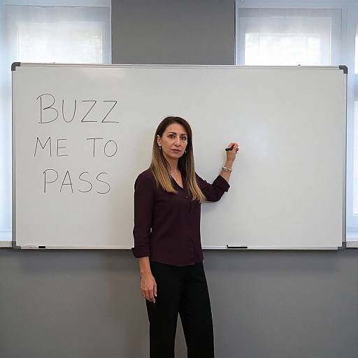 Photograph of a woman with long brown hair, wearing a black top and black pants, standing in front of a whiteboard writing 