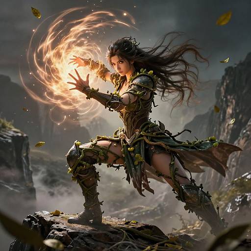 Digital fantasy artwork of a fierce, dark-haired female warrior conjuring fire in a rocky, misty landscape, surrounded by fallen leaves.